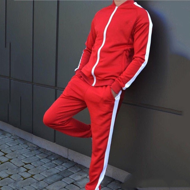 Red Male Solid 2 Pieces Sets Tracksuit Men Brand Side Stripe Casual Winter Sport Hooded Sweatshirt + Drawstring Jogging Pants